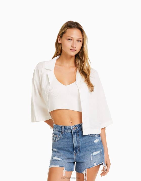 Blau Bershka Frauen zerrissene Jeansshorts mit Taschen H00J1711