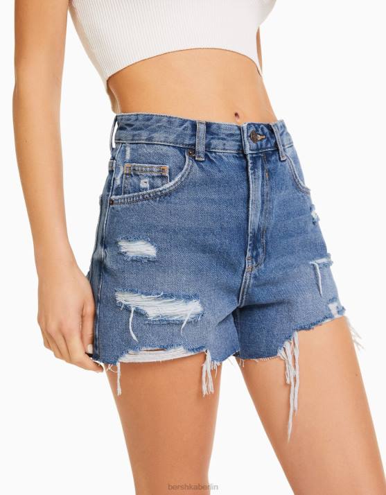 Blau Bershka Frauen zerrissene Jeansshorts mit Taschen H00J1711