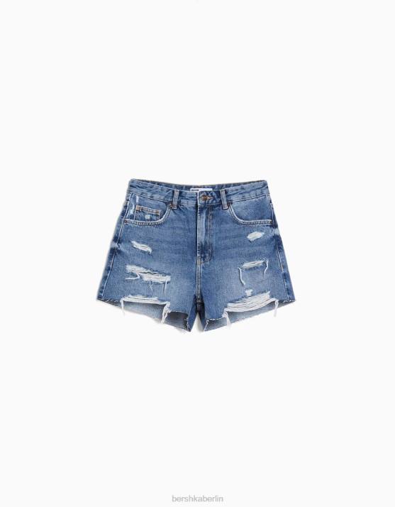 Blau Bershka Frauen zerrissene Jeansshorts mit Taschen H00J1711