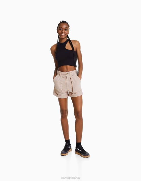 Rosa Bershka Frauen Bermudashorts aus Paperbag-Baumwolle H00J1689