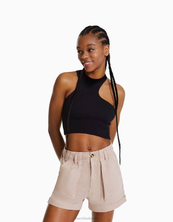 Rosa Bershka Frauen Bermudashorts aus Paperbag-Baumwolle H00J1689