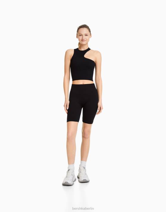 Schwarz Bershka Frauen Nahtlose, gerippte Leggings-Shorts H00J1469