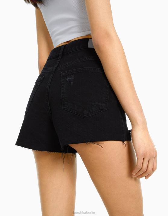 Schwarz Bershka Frauen zerrissene Jeansshorts mit Taschen H00J1682