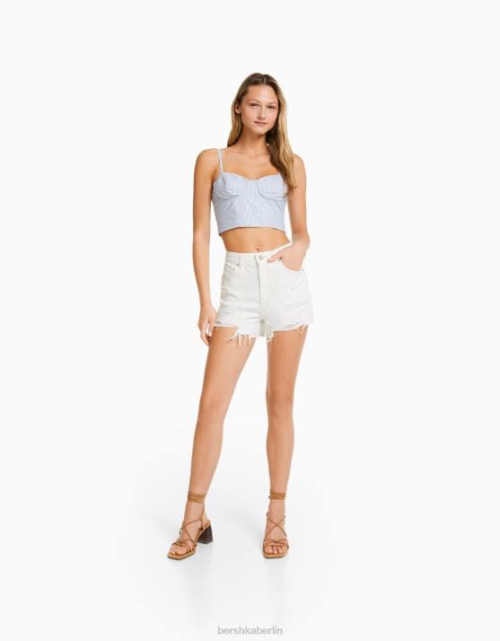 Weiss Bershka Frauen zerrissene Jeansshorts mit Taschen H00J1936