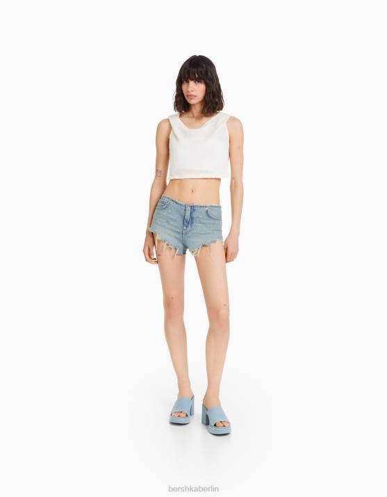 blau verwaschen Bershka Frauen zerrissene Jeansshorts mit Taschen H00J1676