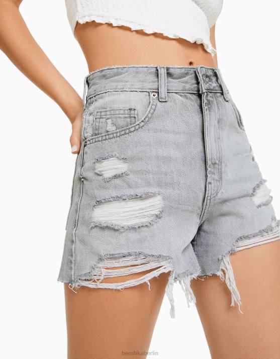 grau Bershka Frauen zerrissene Jeansshorts mit Taschen H00J1937