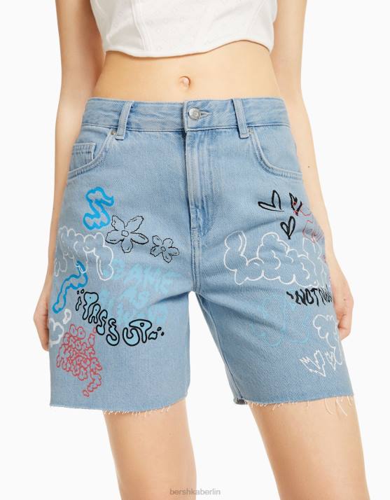 hellblau Bershka Frauen Bedruckte Denim-Bermudashorts H00J1722