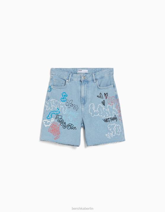 hellblau Bershka Frauen Bedruckte Denim-Bermudashorts H00J1722