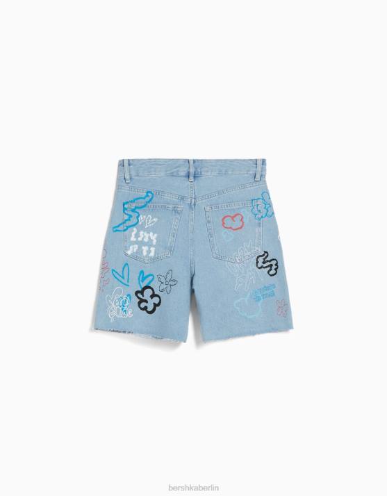 hellblau Bershka Frauen Bedruckte Denim-Bermudashorts H00J1722