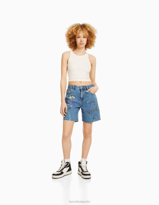 hellblau Bershka Frauen Bedruckte Denim-Bermudashorts H00J1723