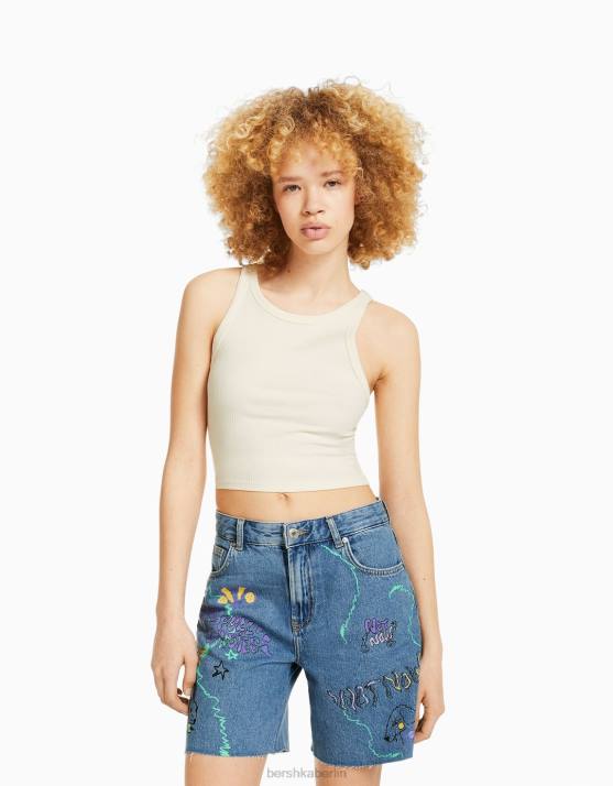 hellblau Bershka Frauen Bedruckte Denim-Bermudashorts H00J1723