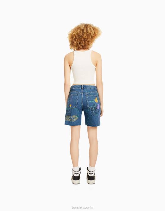 hellblau Bershka Frauen Bedruckte Denim-Bermudashorts H00J1723
