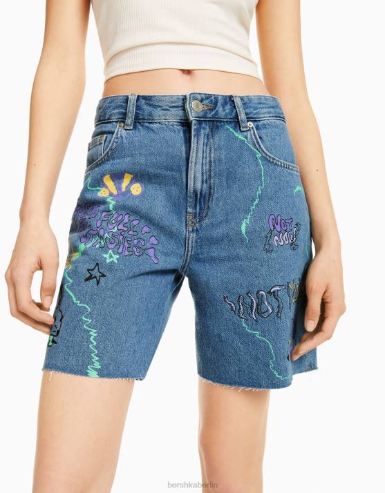 hellblau Bershka Frauen Bedruckte Denim-Bermudashorts H00J1723