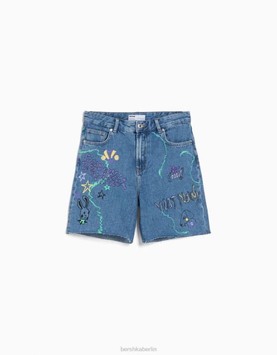 hellblau Bershka Frauen Bedruckte Denim-Bermudashorts H00J1723