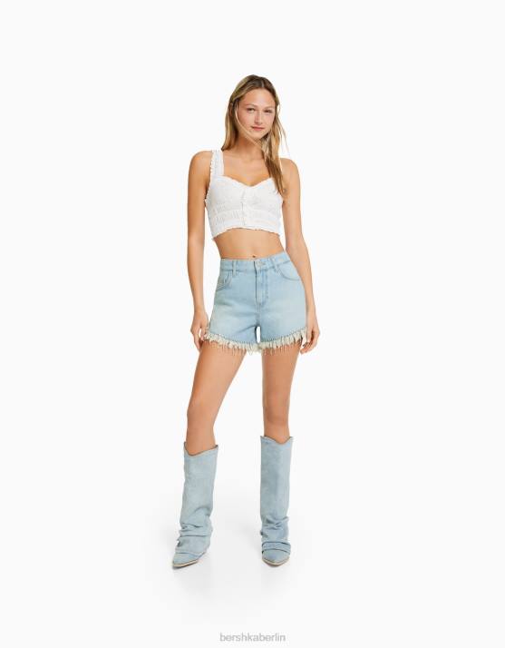 hellblau Bershka Frauen Jeansshorts mit Strassfransen H00J1715