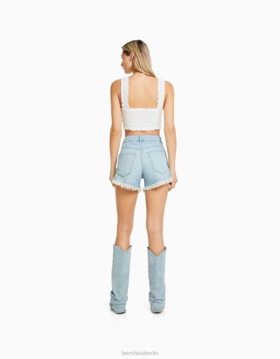 hellblau Bershka Frauen Jeansshorts mit Strassfransen H00J1715