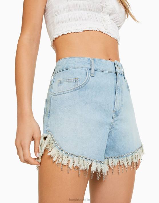hellblau Bershka Frauen Jeansshorts mit Strassfransen H00J1715