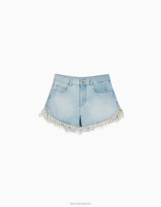 hellblau Bershka Frauen Jeansshorts mit Strassfransen H00J1715