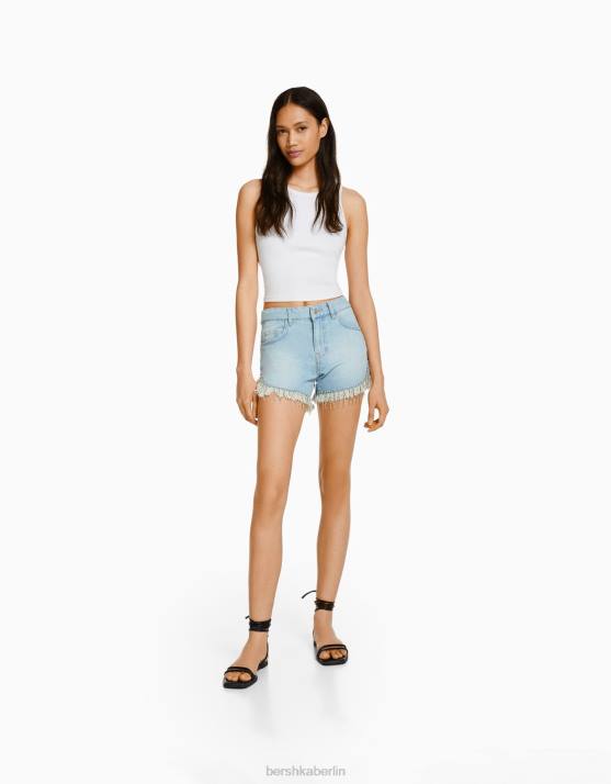 hellblau Bershka Frauen Jeansshorts mit Strassfransen H00J1924