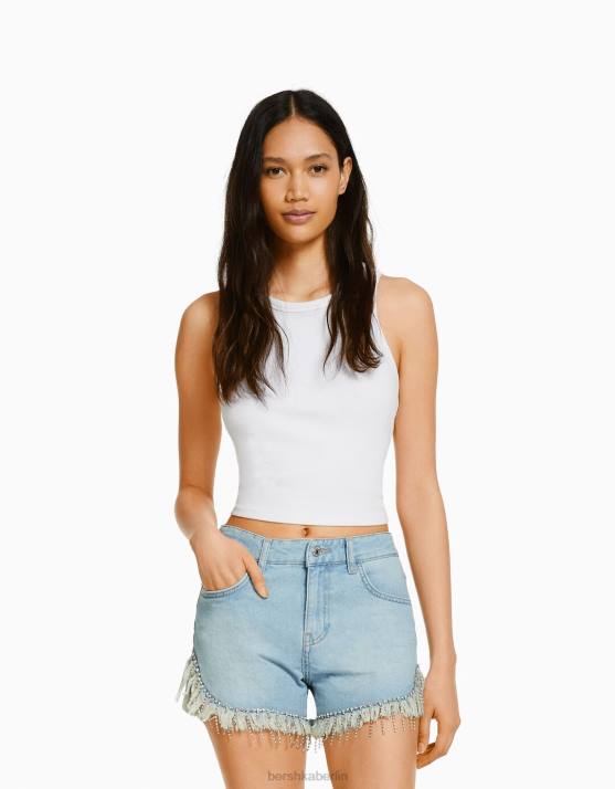 hellblau Bershka Frauen Jeansshorts mit Strassfransen H00J1924
