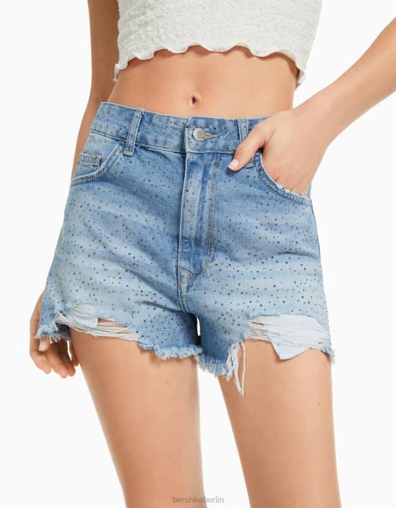 hellblau Bershka Frauen Jeansshorts mit Strasssteinen H00J1716