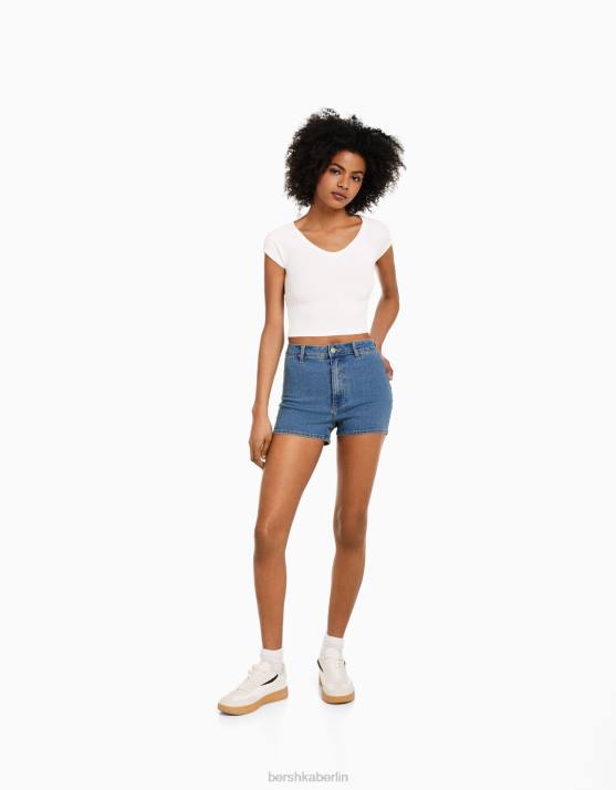 hellblau Bershka Frauen Stretch-Jeansshorts mit hohem Bund H00J1732