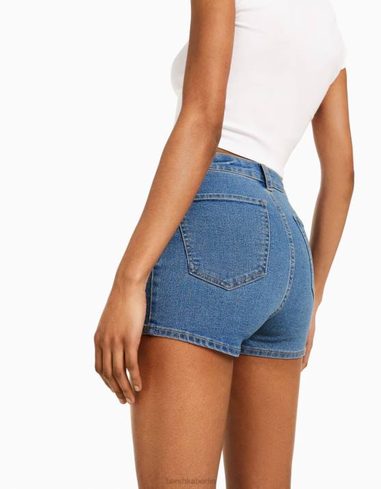 hellblau Bershka Frauen Stretch-Jeansshorts mit hohem Bund H00J1732