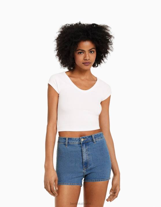 hellblau Bershka Frauen Stretch-Jeansshorts mit hohem Bund H00J1732