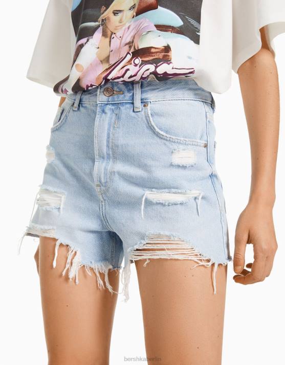 hellblau Bershka Frauen zerrissene Jeansshorts mit Taschen H00J1712