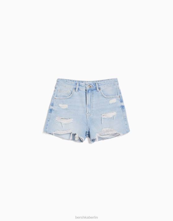 hellblau Bershka Frauen zerrissene Jeansshorts mit Taschen H00J1712