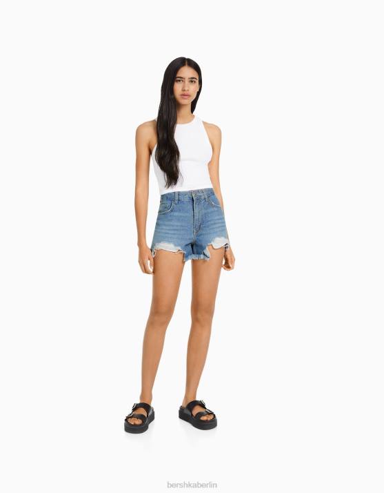 hellblau Bershka Frauen zerrissene, glitzernde Jeansshorts H00J1714