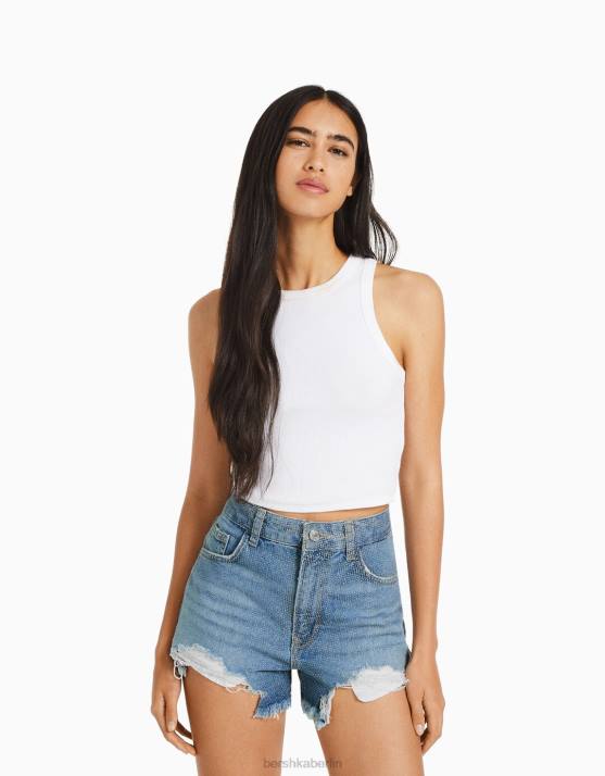 hellblau Bershka Frauen zerrissene, glitzernde Jeansshorts H00J1714