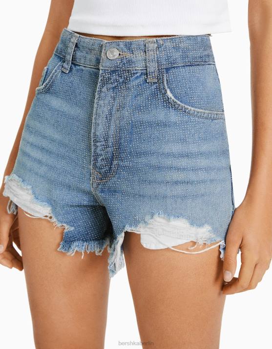 hellblau Bershka Frauen zerrissene, glitzernde Jeansshorts H00J1714