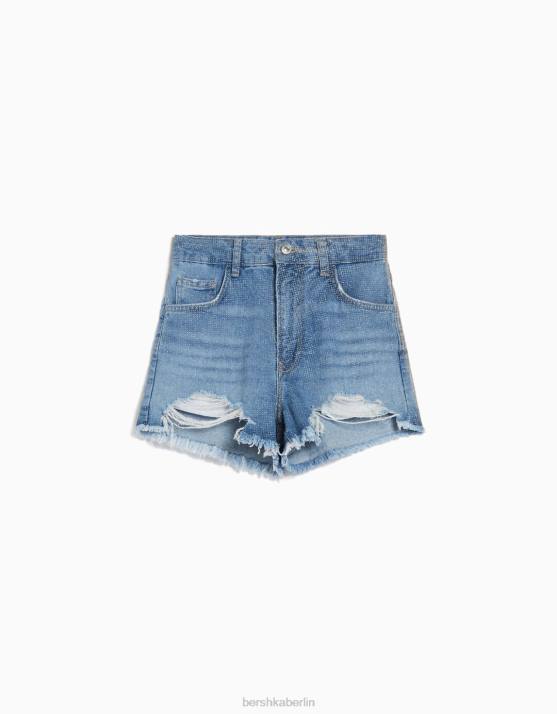 hellblau Bershka Frauen zerrissene, glitzernde Jeansshorts H00J1714
