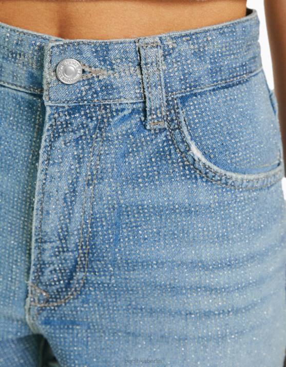 hellblau Bershka Frauen zerrissene, glitzernde Jeansshorts H00J1714
