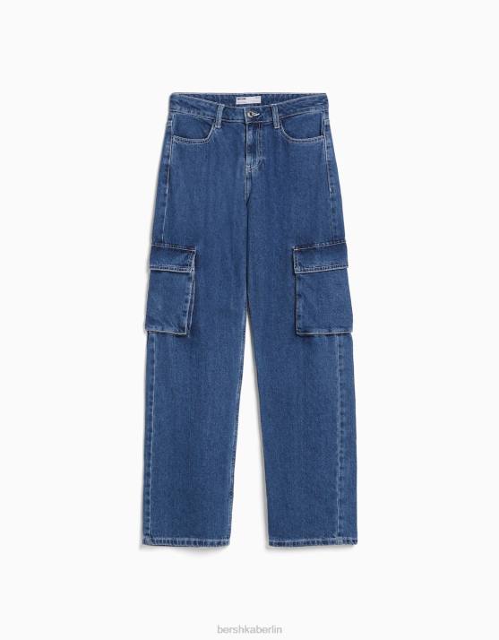 Blau Bershka Frauen Gerade geschnittene Cargo-Jeans H00J1384