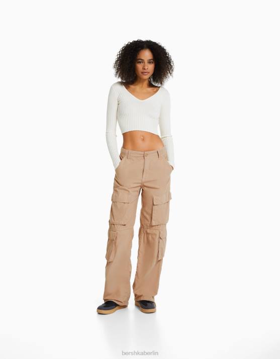 Kamel Bershka Frauen Cargohose mit Kordelzug H00J1335