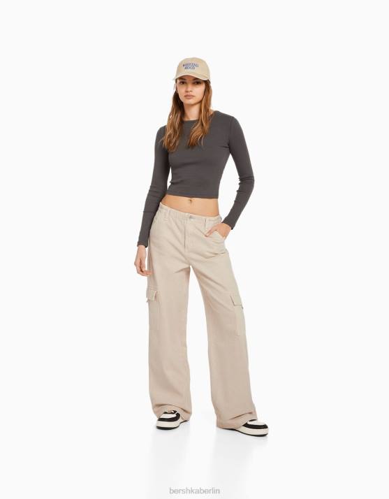 Stein Bershka Frauen Gerade geschnittene Twill-Cargohose mit elastischem Bund H00J1394