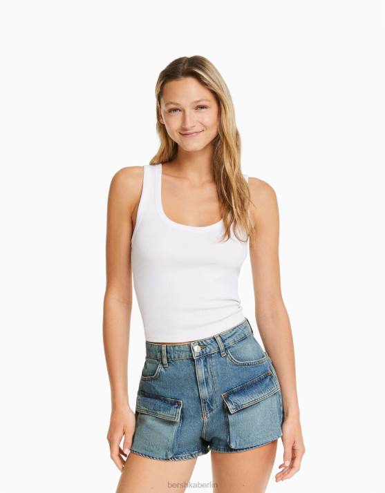 blau verwaschen Bershka Frauen Denim-Cargo-Shorts H00J1393