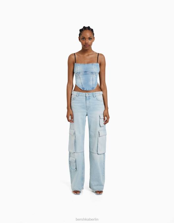 hellblau Bershka Frauen Ausgewaschene Cargo-Jeans mit mehreren Taschen H00J1291