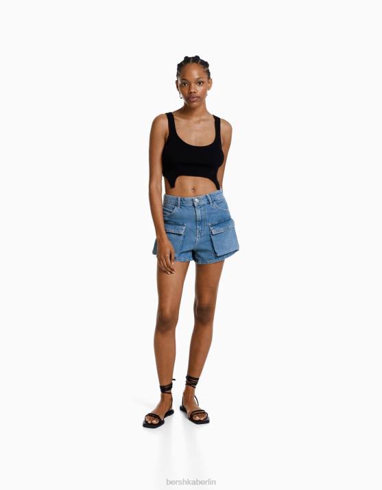 hellblau Bershka Frauen Denim-Cargo-Shorts H00J1374