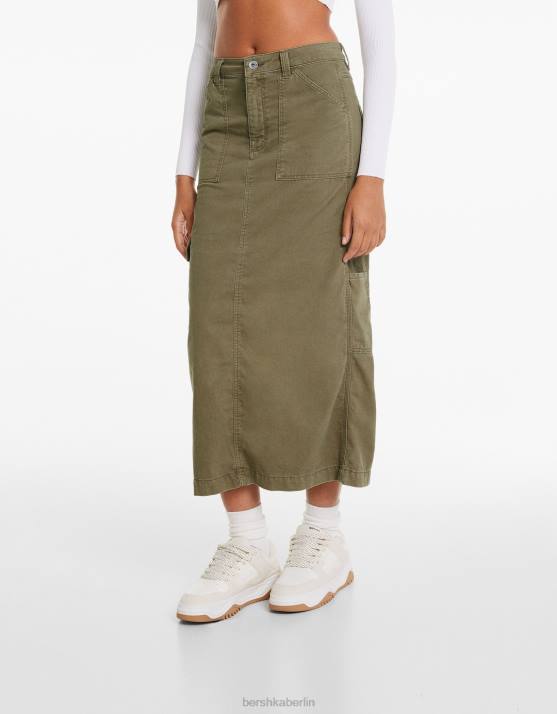 khaki Bershka Frauen Carpenter-Midirock aus Baumwolle H00J1372
