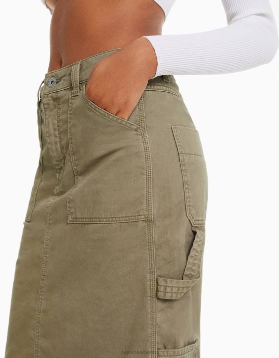 khaki Bershka Frauen Carpenter-Midirock aus Baumwolle H00J1372