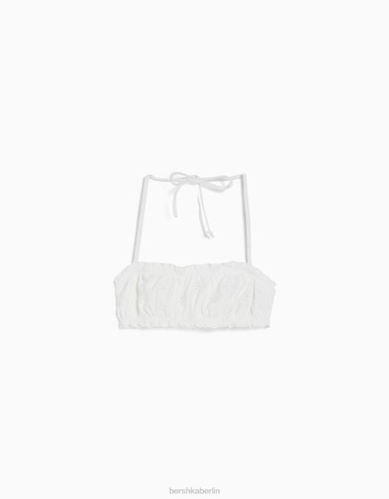 Weiss Bershka Frauen Bikinioberteil mit Schweizer Stickerei H00J1791