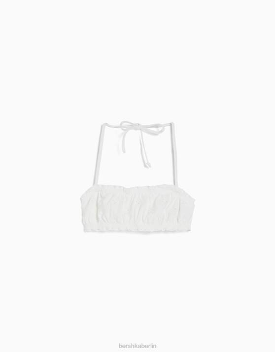 Weiss Bershka Frauen Bikinioberteil mit Schweizer Stickerei H00J1792