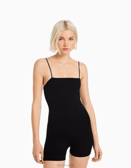 Schwarz Bershka Frauen Nahtloser Radanzug mit quadratischem Ausschnitt H00J56