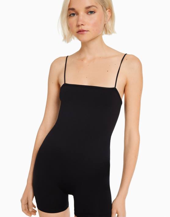 Schwarz Bershka Frauen Nahtloser Radanzug mit quadratischem Ausschnitt H00J56