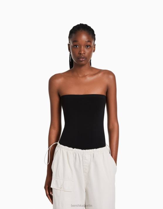 Schwarz Bershka Frauen Nahtloser schulterfreier Body H00J869