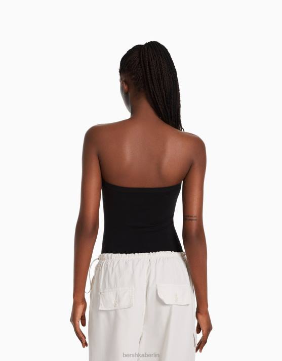 Schwarz Bershka Frauen Nahtloser schulterfreier Body H00J869