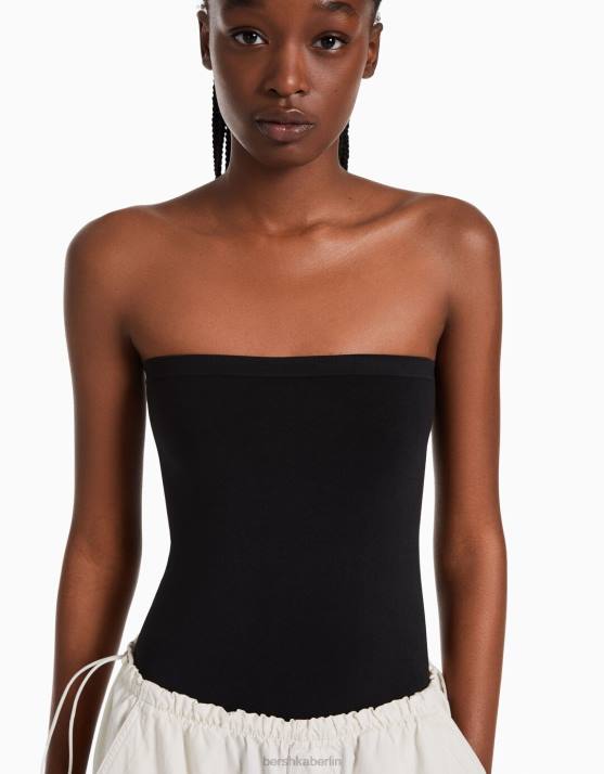 Schwarz Bershka Frauen Nahtloser schulterfreier Body H00J869